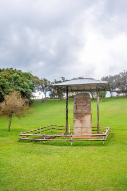 San Agustin arkeoloji parkındaki bir barınağın altındaki taş heykel Huila, Kolombiya 'da yemyeşil bir alanla çevrili..