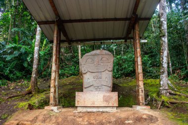 San Agustin Arkeoloji Parkı 'ndaki bir barınağın altındaki taş heykel. Etrafı yemyeşil, Kolombiya öncesi sanat eserlerini temsil ediyor..
