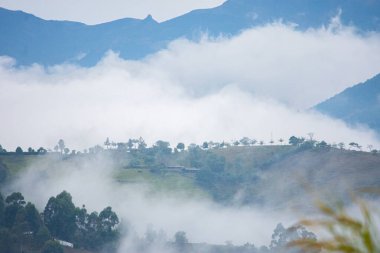 Popayn, Cauca, Kolombiya 'daki sislerle kaplı dağların ve vadilerin nefes kesici manzarası dingin doğayı ve büyüleyici manzaraları gözler önüne seriyor..