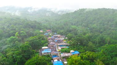 Kolombiya 'nın Valle del Cauca kentinin yemyeşil ormanına yerleşmiş San Cipriano köyünün havadan görünüşü, sis ve doğa ile çevrili..