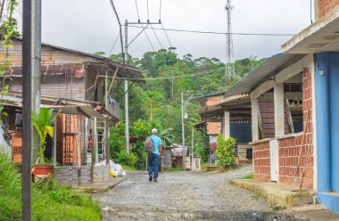 San Cipriano, Buenaventura, Valle del Cauca, Kolombiya 'nın manzaralı manzarası, yerel evleri ve yemyeşil alanları gösteriyor..
