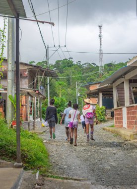 San Cipriano, Buenaventura, Valle del Cauca 'da çakıl yolda yürüyen bir grup insan Kolombiya' nın canlı doğasını sergiliyor..