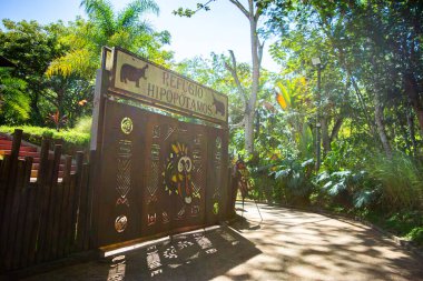 Ukumar, Pereira, Risaralda, Kolombiya - 23 Kasım 2026 - Hippopotamus Refuge 'a canlı bir giriş, bir vahşi yaşam parkında yemyeşil ile çevrili.