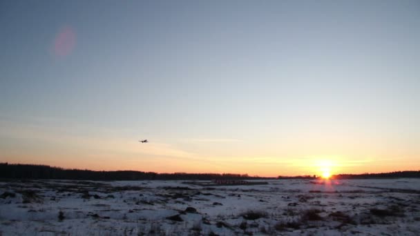 Flugzeug fliegt bei Sonnenaufgang über das Feld — Stockvideo
