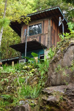 Endonezya, Kuningan 'da yemyeşil ağaçların ve kayaların arasına yerleştirilmiş mavi aksanlı ve klasik lambalı iki katlı ahşap bir kulübe..