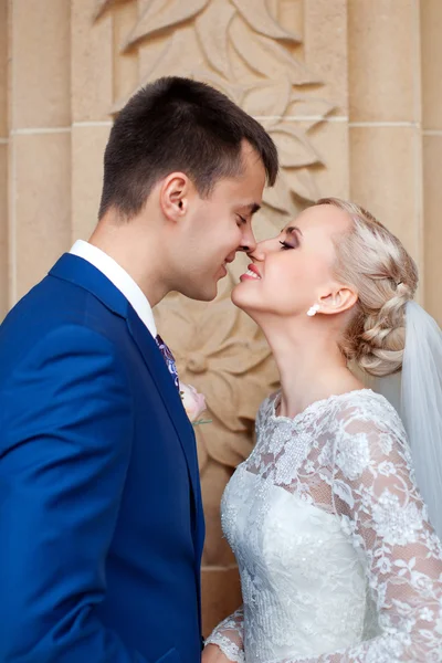 A vőlegény csók a menyasszony gyengéden — Stock Fotó