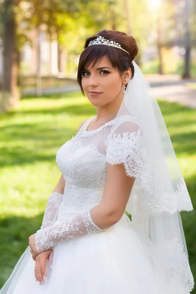 美しい白いドレスでブルネットの花嫁 — ストック写真