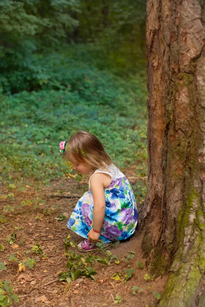 Meisje zit onder de boom — Stockfoto