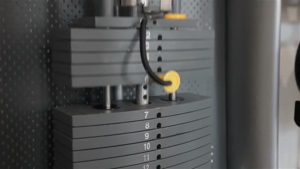 フィットネス クラブに異なる重みを持つトレーニング機器の開発. — ストック動画