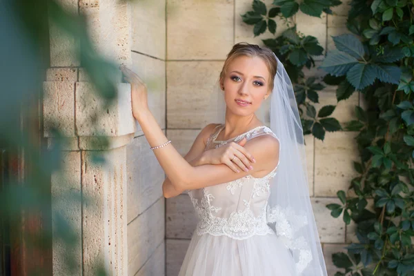 Die Braut im weißen Kleid in der Wohnung — Stockfoto