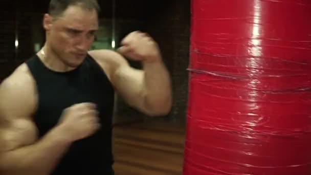 El boxeador cumple una serie de golpes en una pera de boxeo. — Vídeos de Stock