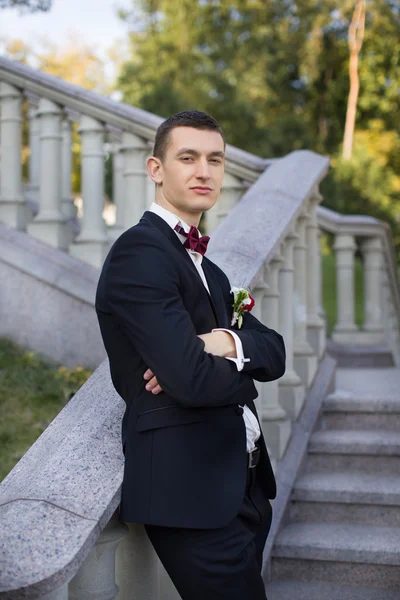 De bruidegom houdt een gelijkspel en glimlacht. Portret van de bruidegom in het park op hun trouwdag. Rich bruidegom op hun trouwdag — Stockfoto