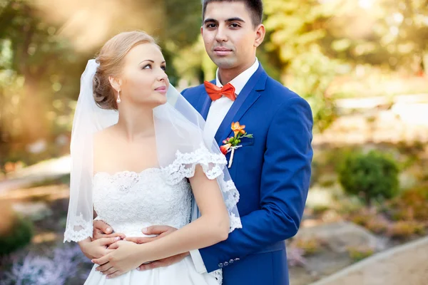 Evlilik. Yeni evliler açık havada. Gelin ve damat poz. Güneşli gün.