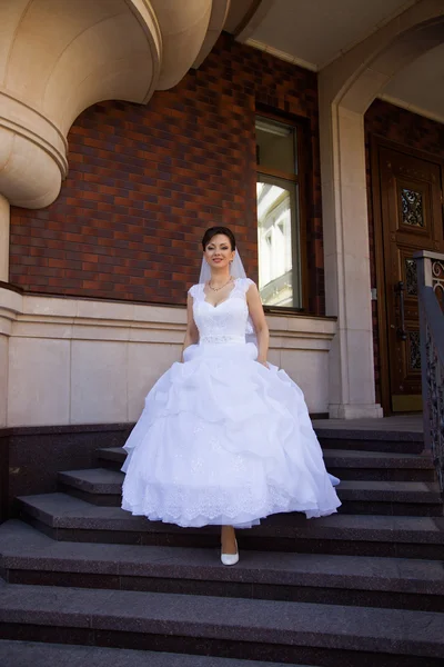 Sposa bruna in un bellissimo vestito bianco — Foto Stock
