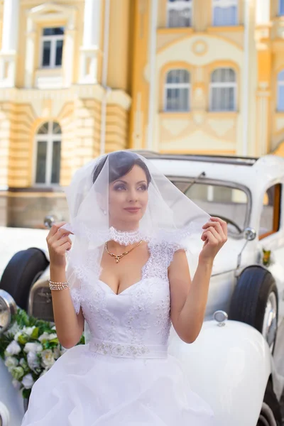 Brünette Braut in einem schönen weißen Kleid — Stockfoto