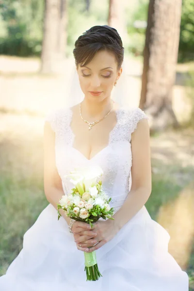 Sposa bruna in un bellissimo vestito bianco — Foto Stock