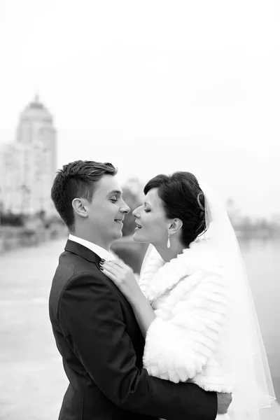 Zachte omhelzing bruid en bruidegom — Stockfoto