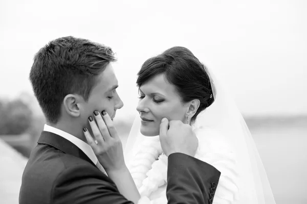Gentile abbraccio sposa e sposo — Foto Stock