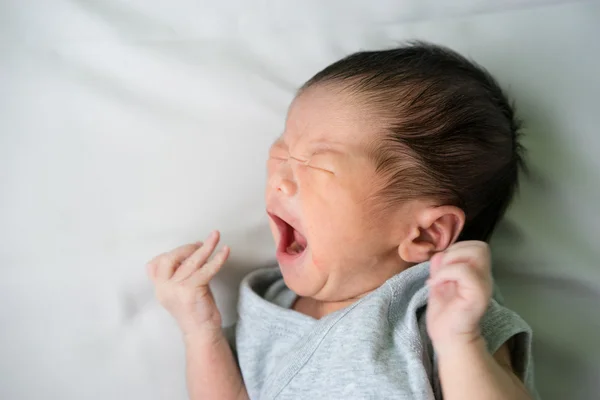 Asian Newborn Baby Lying Crying His Bed — Stock Photo, Image