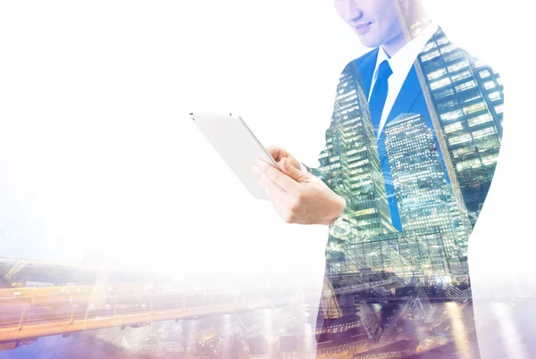 Double Exposure Asian Businessman Using Tablet — Stock Photo, Image