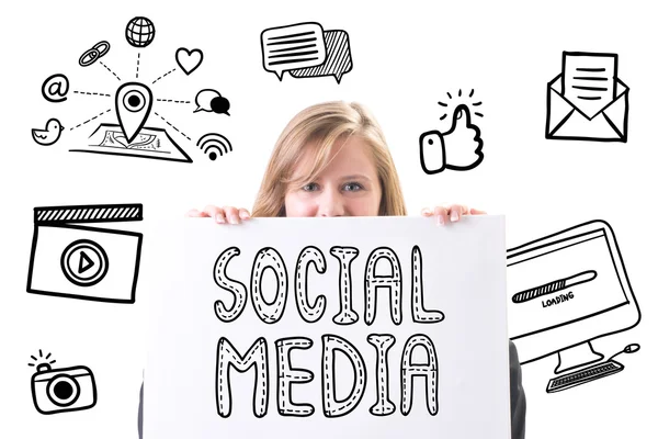 Jonge Zakenvrouw Huidige Sociale Media Communicatieconcept — Stockfoto