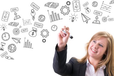 Başarılı iş kadını iş simgesi ve grafik çizim