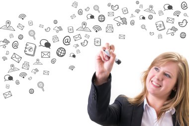 Sosyal medya ve Internet simge kavram çizim genç iş kadını