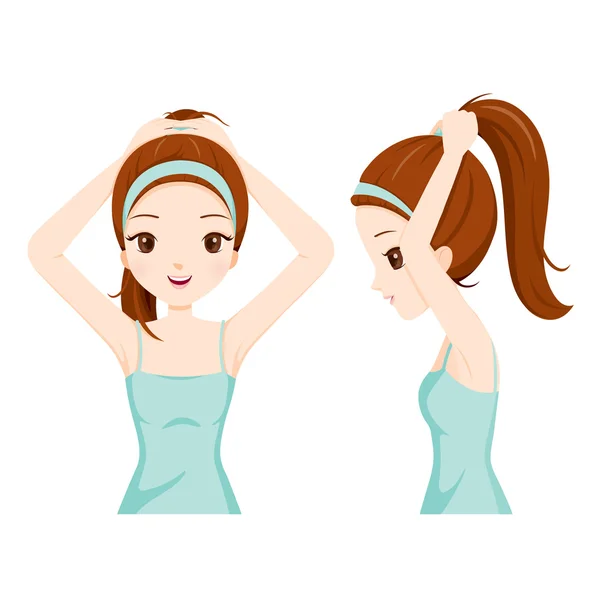 Menina amarrando seu cabelo, vista frontal e lateral — Vetor de Stock