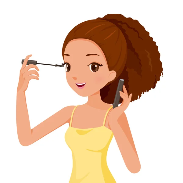 Girl Make Up Her Eyes With Mascara — Stock Vector
