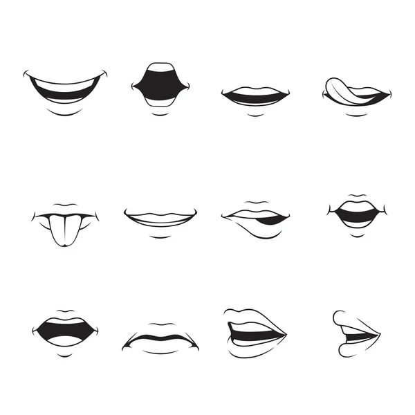 Mouths Set With Various Expressions, Monochrome — Stock Vector