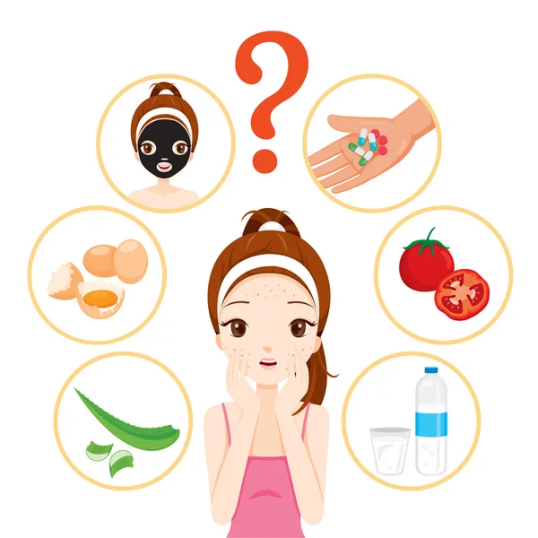 Girl With Pimples On Her Face And Treatment Icons Set — Stock Vector