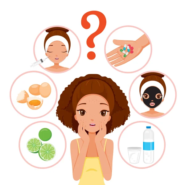 Girl With Pimples On Her Face And Treatment Icons Set — Stock Vector