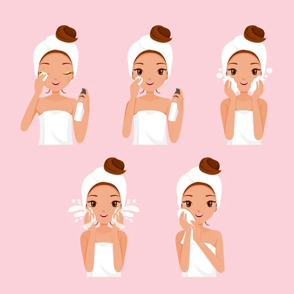 Girl Cleaning And Care Her Face With Various Actions Set — Stock Vector