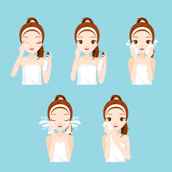 Chica limpieza y cuidado de su cara con varias acciones conjunto — Vector de stock