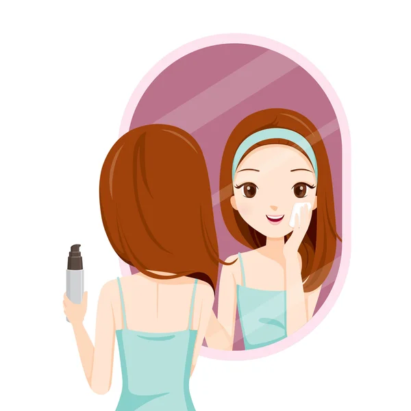 Mädchen schrubbt ihr Gesicht und sieht sich selbst im Spiegel — Stockvektor