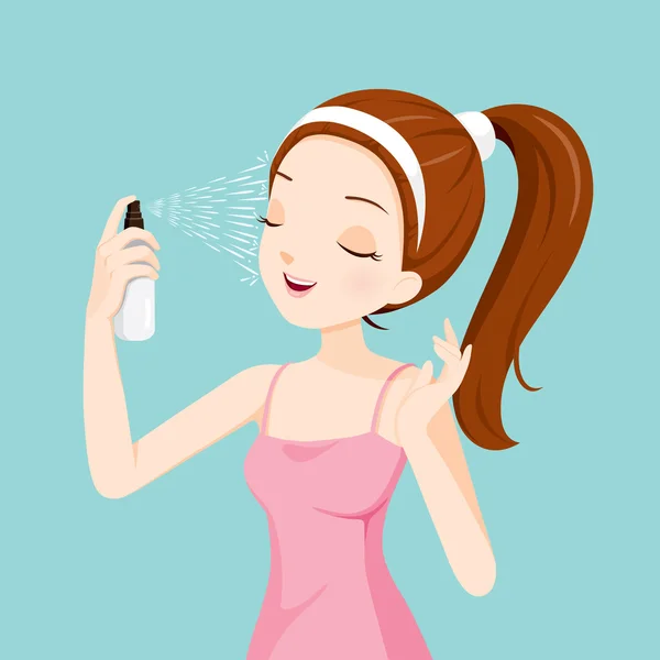Menina pulverizando água mineral em seu rosto — Vetor de Stock
