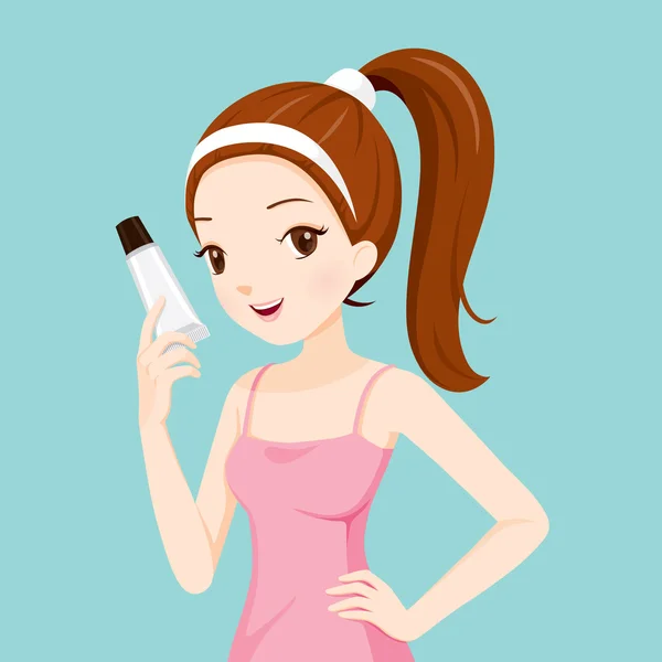 Dívka drží kosmetické obaly — Stockový vektor