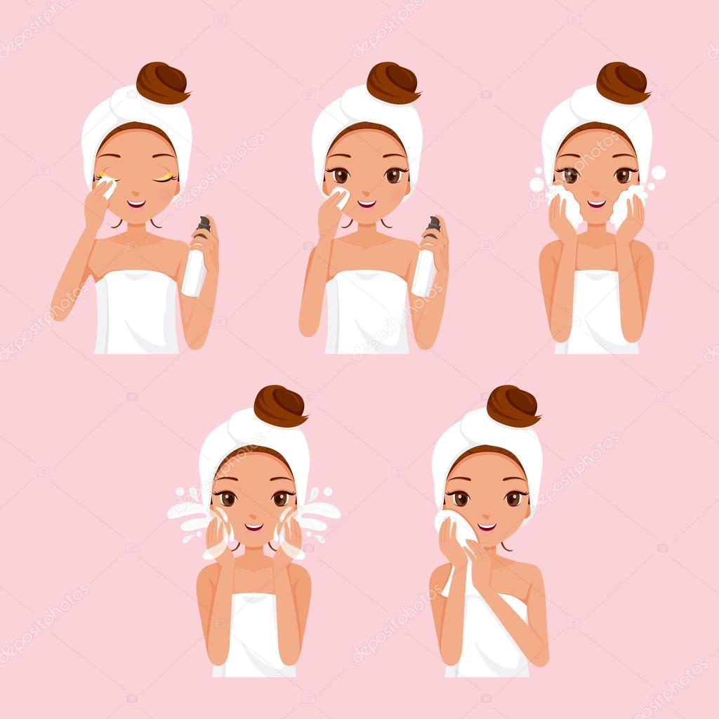 Girl Cleaning And Care Her Face With Various Actions Set