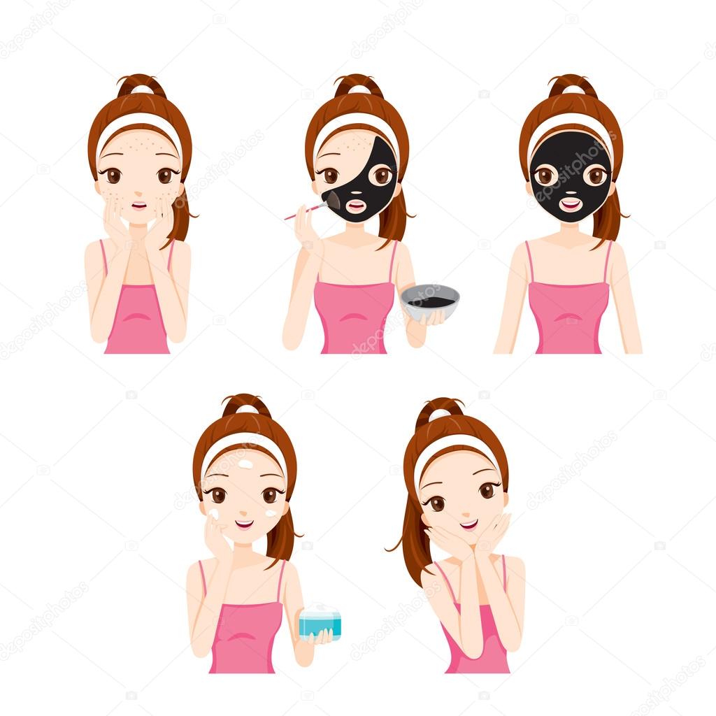 Girl Cares And Protects Her Face With Various Actions Set