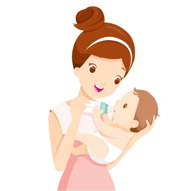 Mother Feeding Baby With Milk In Baby Bottle clipart