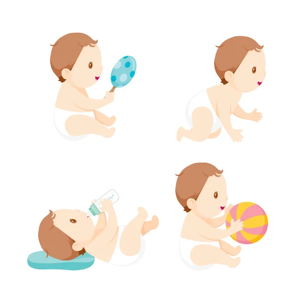 Bebé gateando, jugando y chupando biberón, conjunto — Vector de stock