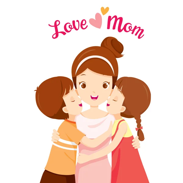 Son And Daughter Hugging Their Mother And Kissing On Her Cheeks — Stock Vector