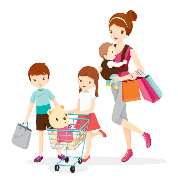 Mãe e filhos comprando juntos — Vetor de Stock