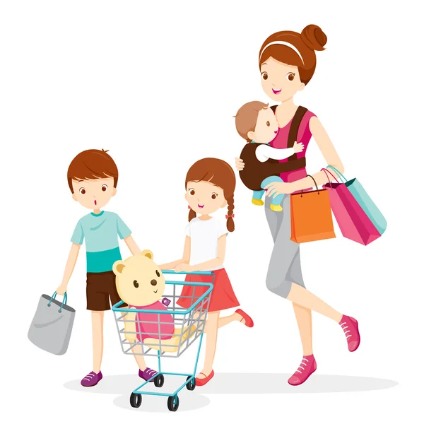 Mère et enfants faisant du shopping ensemble — Image vectorielle