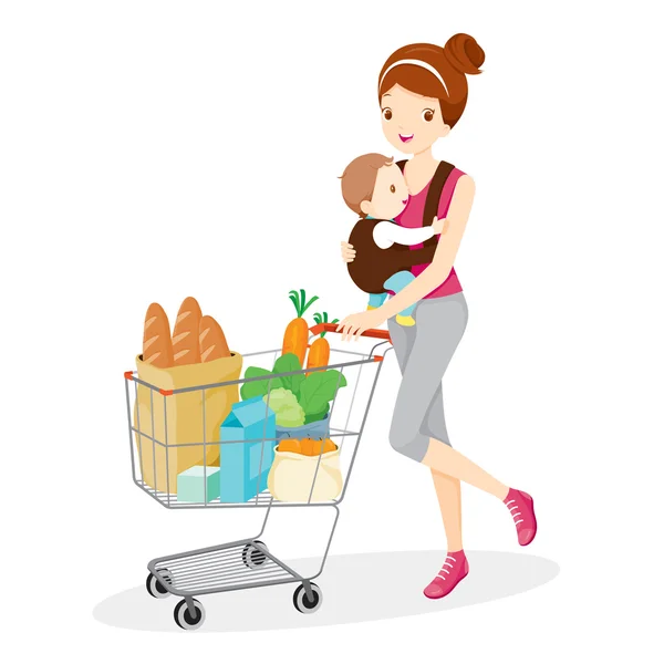 Mother Carries Baby And Pushing Shopping Cart — Stock Vector