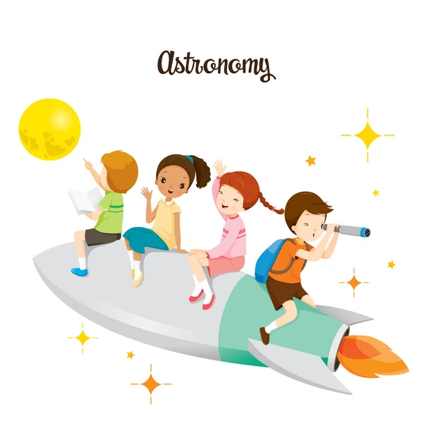 Children Sitting On Rocket, Going To The Moon — Stock Vector