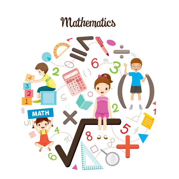 Enfants avec formule mathématique, nombre et icônes — Image vectorielle