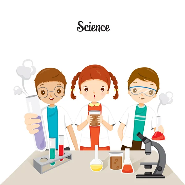 Τα παιδιά στην επιστήμη κλάση πειραματίζονται — Διανυσματικό Αρχείο
