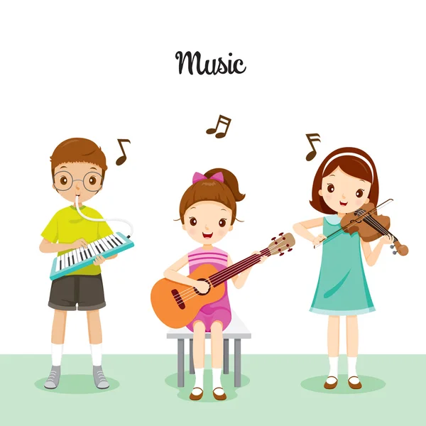 Niños tocando música por armonía, guitarra y violín — Vector de stock