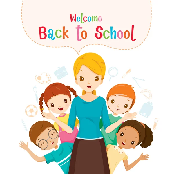 Welcome Back To School, Teacher, Student And Icons — Stock Vector